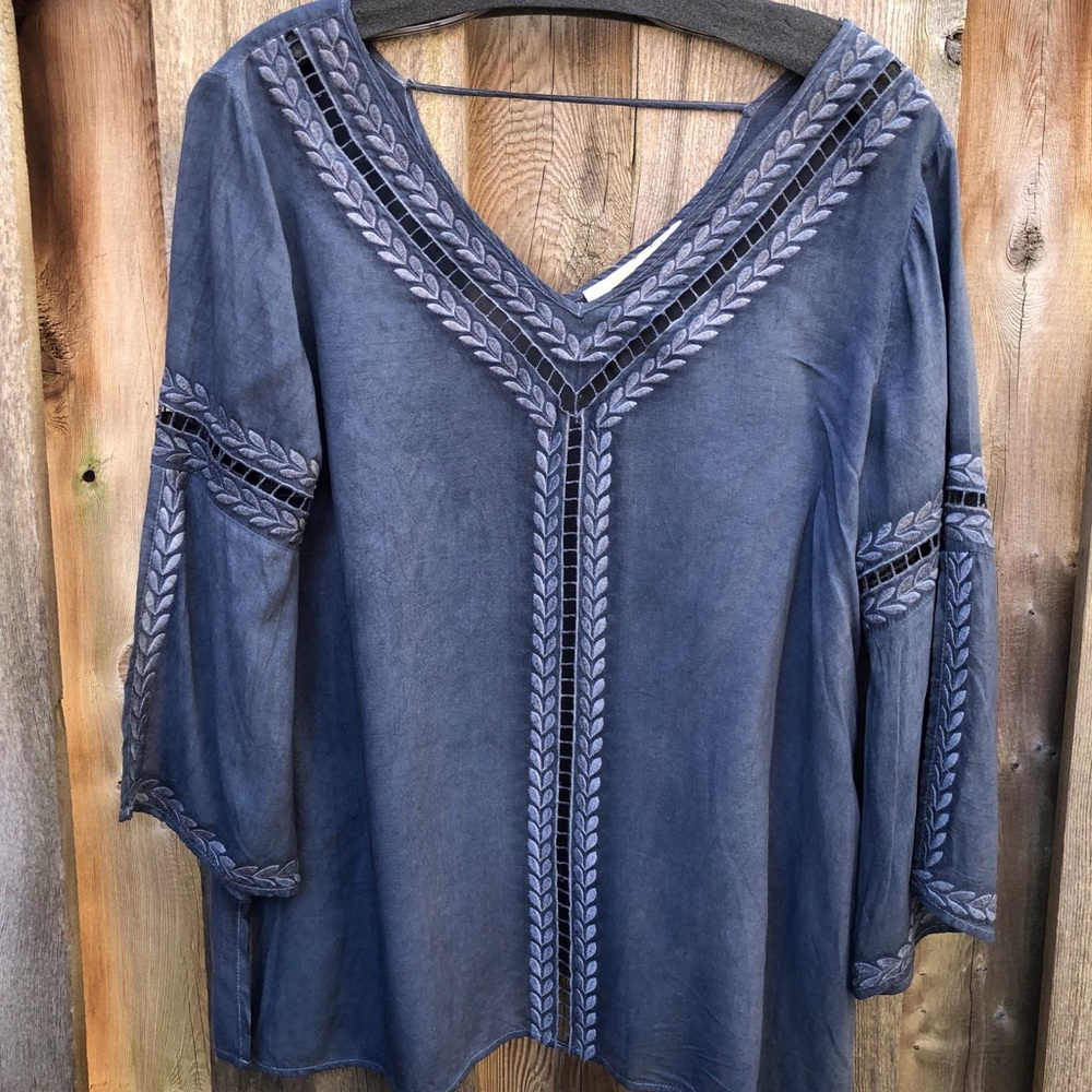 Boho denim flowy eyelet top